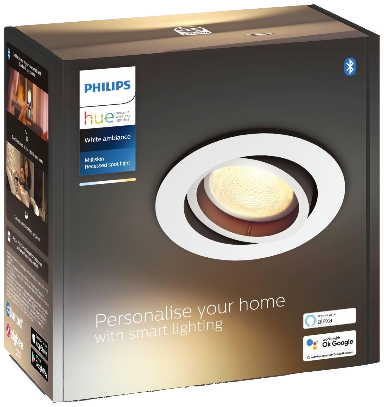 Philips Hue White Ambiance LED-reflektor z Bluetooth, združljiv z Alexa in Google Assistant, za domačo razsvetljavo.
