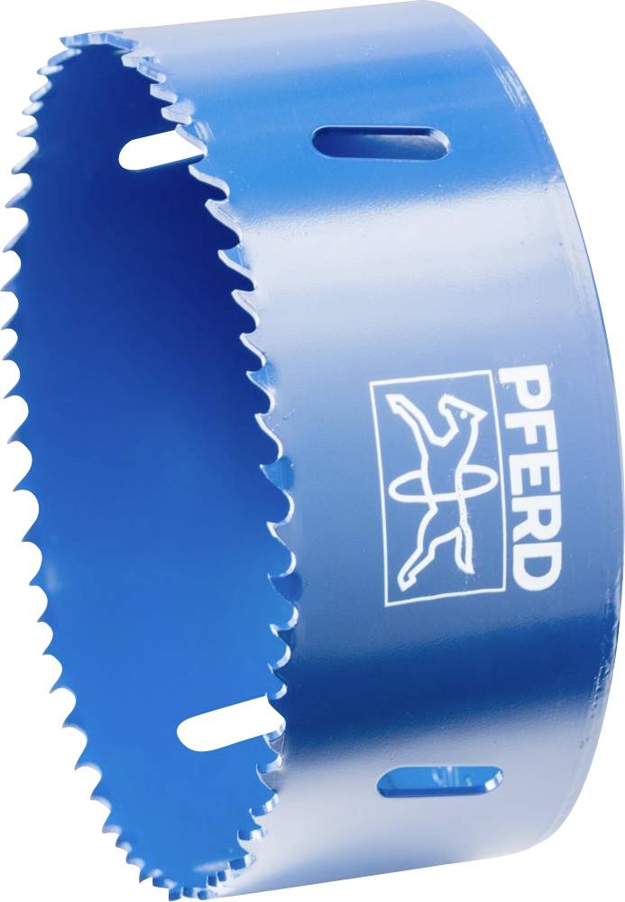 Modra žaga za luknje z nazobčanim rezilom in stranskimi zarezbami, z logotipom 'PFERD'.