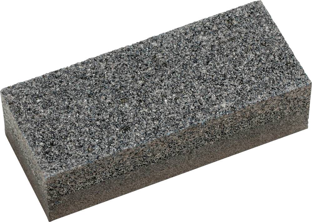 Pravokoten siv brusni kamen iz poroznega materiala, ležeč na ravni površini.