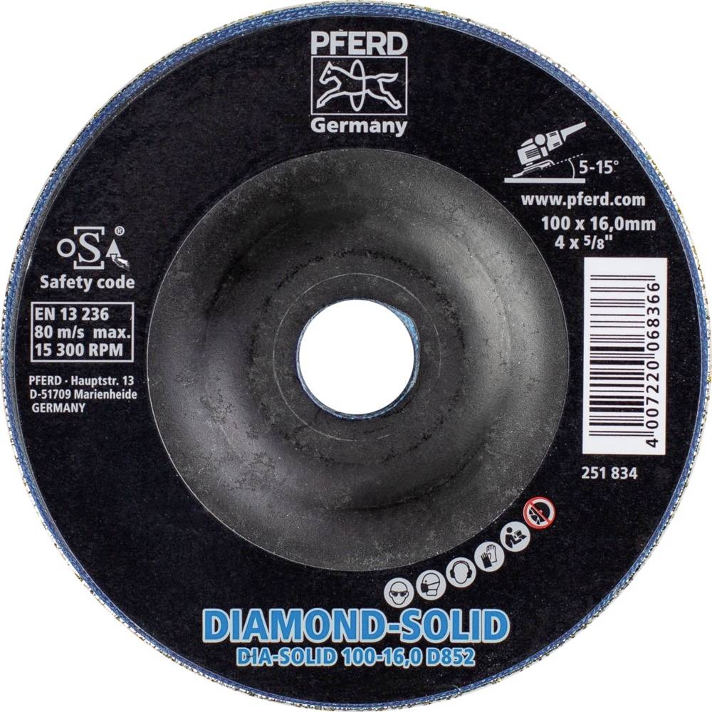 Črna brusilna plošča z modrim robom in belimi napisi. 'DIAMOND-SOLID' na sredini. Primerna za 100x16,0 mm, maks. 15.300 obr/min.