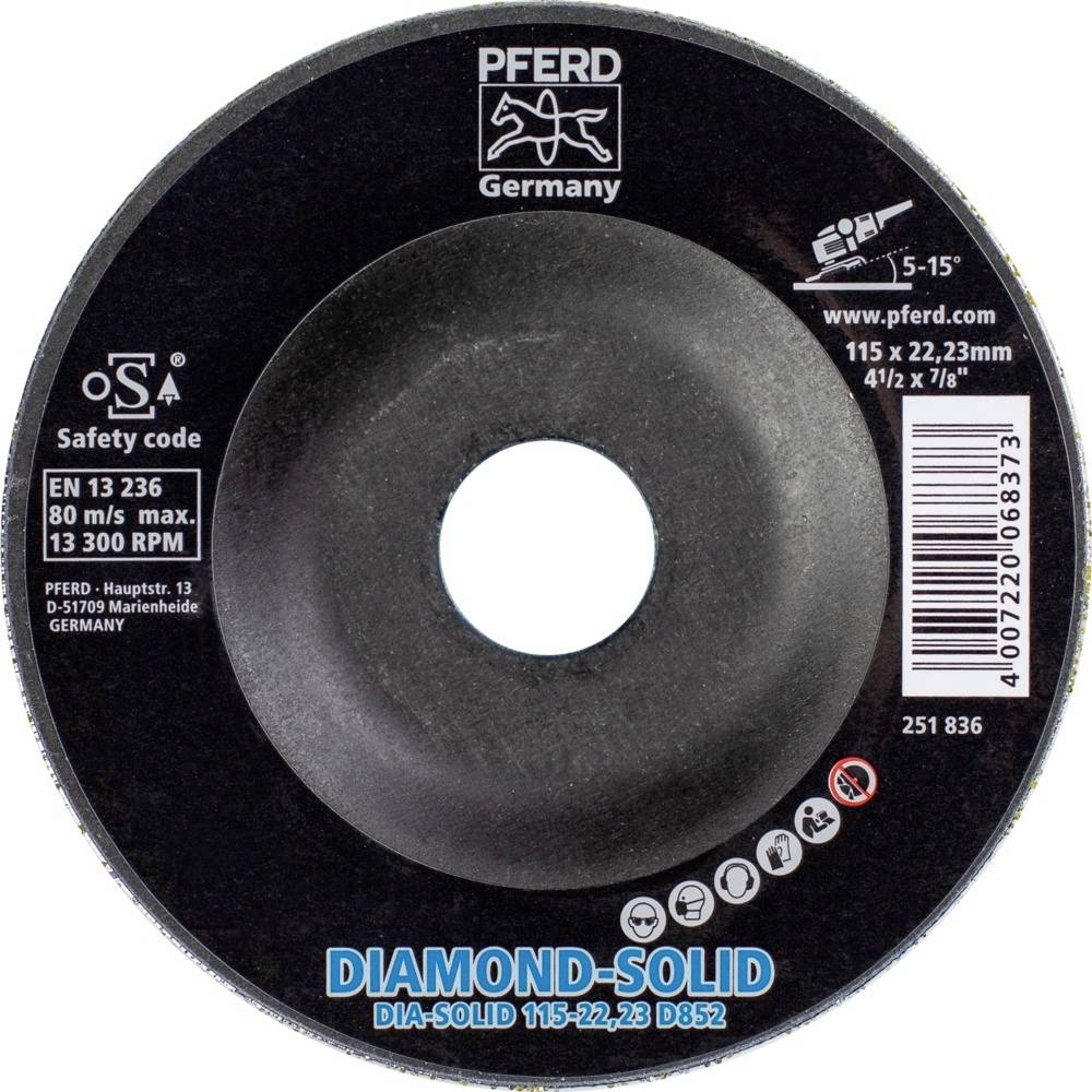 Brusilni disk 'PFERD Nemčija', 115 mm x 22,23 mm, za 13.300 obratov/min, namenjen visoko zmogljivi obdelavi kovinskih površin.