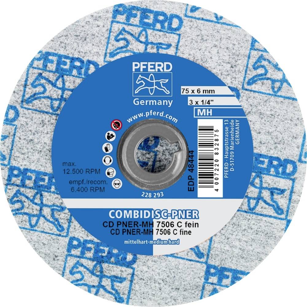 Brusilni disk z nalepko: logotip 'Konj', 'Nemčija', '75 x 6 mm', '12.500 vrt./min', 'COMBIDISC PNER', primeren za fine brušenje.