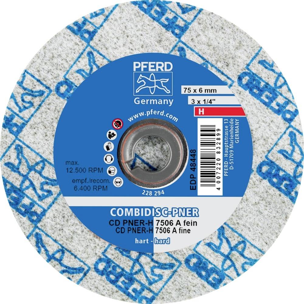Brusilni disk s potiskom 'PFERD Germany', tip 'Combidisc-PNER', mere 75 x 6 mm, za največ 12.500 obratov/min, trdota A fine.