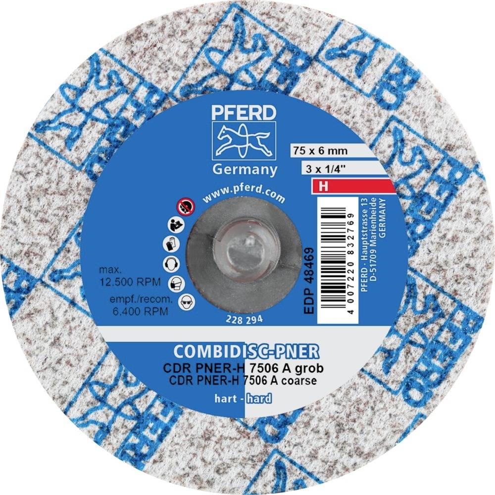 Brusilni disk znamke PFERD, modro-bele barve. Nalepka prikazuje velikost 75x6 mm, maksimalno vrtilno hitrost 12.500 obratov/minuto, tip CDR PNER-H 7506 A grobo.