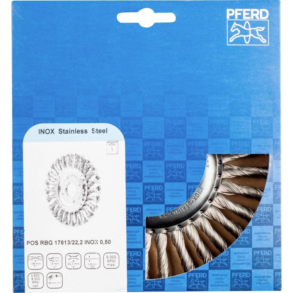 Embalaža izdelka 'PFERD INOX Nerjaveče jeklo' žične ščetke, z logotipom v ozadju.