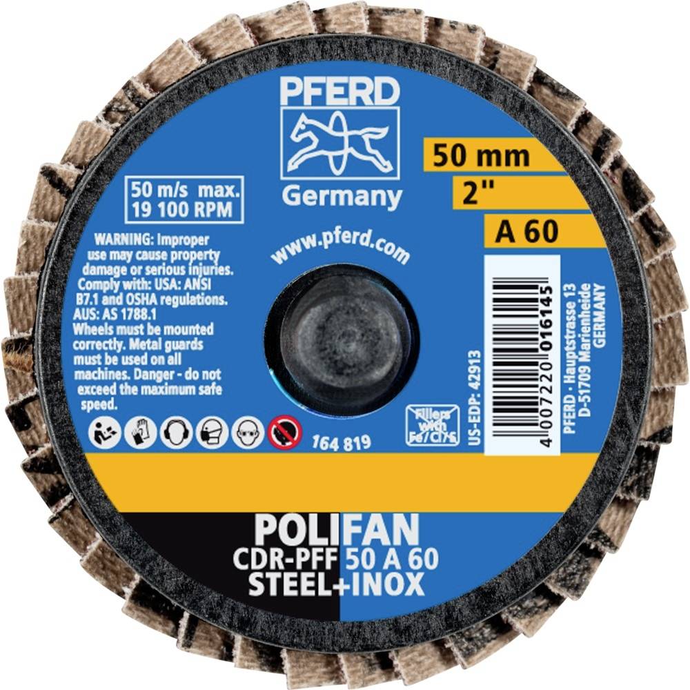 Brusilno kolo z napisom 'PFERD Germany'. Maksimalna hitrost: 50 m/s, premer: 50 mm (2''), zrnatost: A 60, material: jeklo in inox.