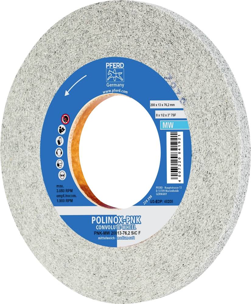 Brusilno kolo znamke PFERD, model POLINOX PNK, za brušenje in poliranje, premer 200 mm, debelina 15 mm, izdelano v Nemčiji.