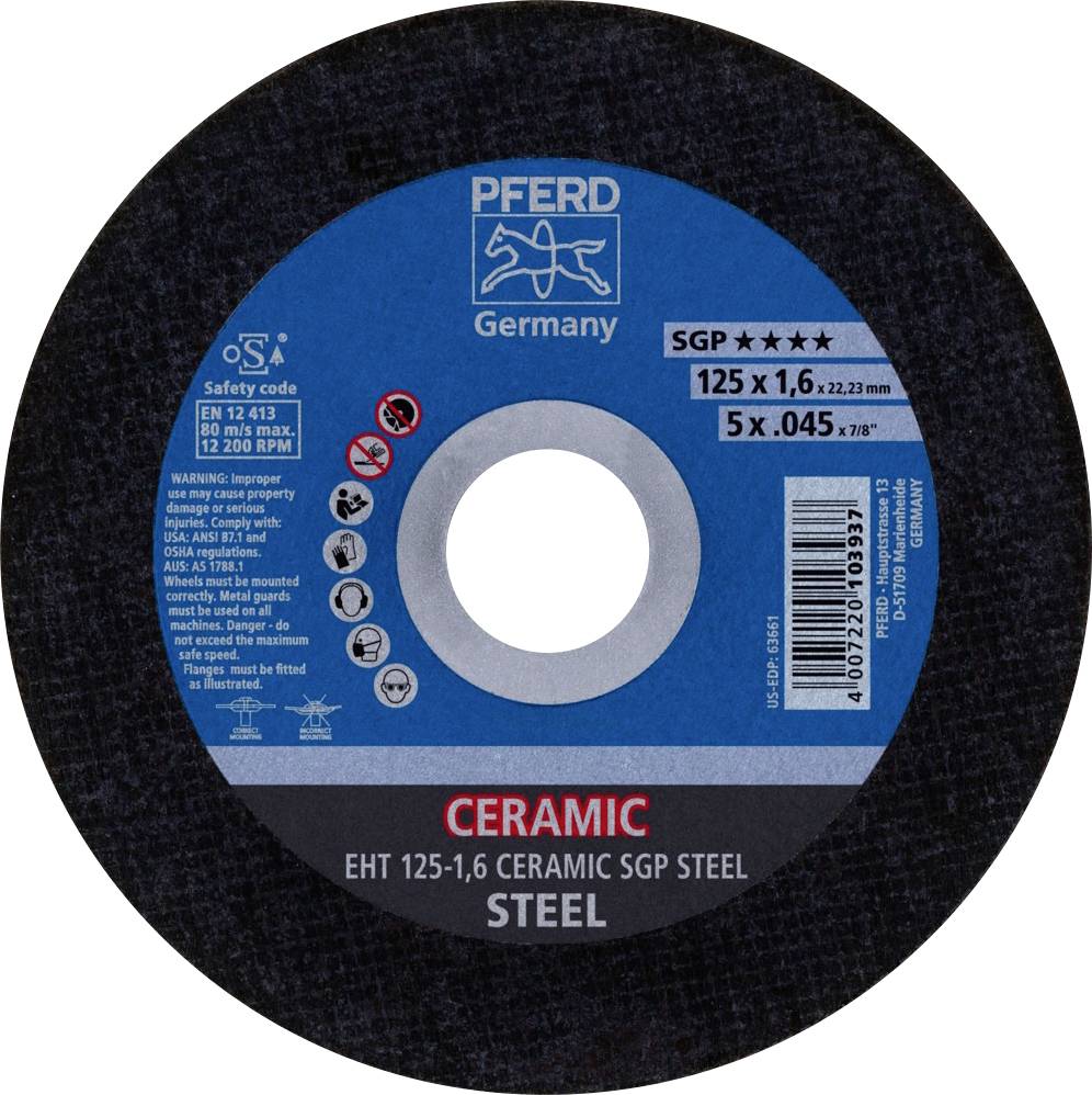 Brusilni disk PFERD za obdelavo kovin. Premer 125x1,6 mm. Primeren za jeklo, keramiko. Varnostna navodila in specifikacije natisnjeni na disku.