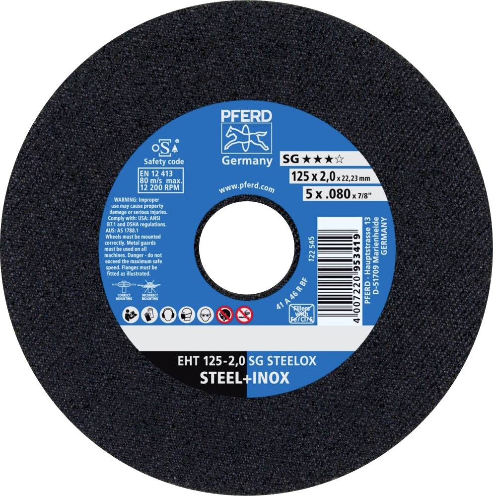 Črni brusilni disk z modro nalepko, napis: 'PFERD Nemčija SG STEELOX, 125 x 2,0 mm, JEKLO + NERJAVNO JEKLO'. Varnostne in produktne informacije.