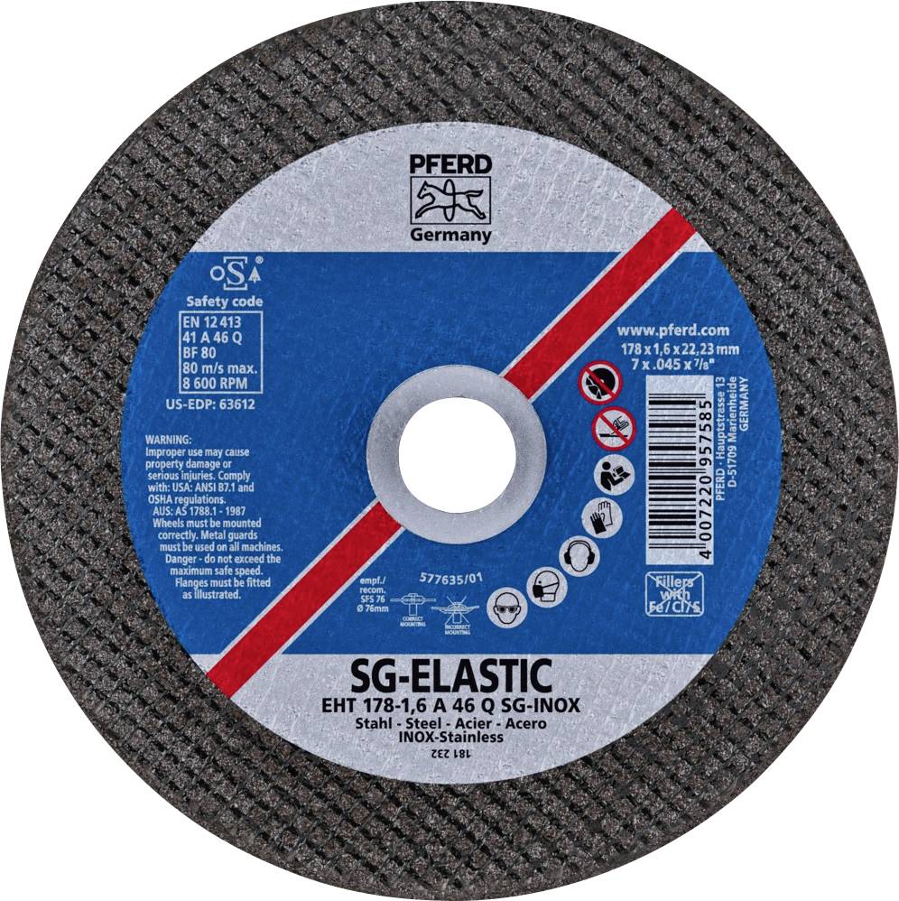 Brusilni disk z napisom 'SG-ELASTIC', logotipom PFERD, tehničnimi specifikacijami in varnostno kodo. Primeren za jeklo in nerjavno jeklo.