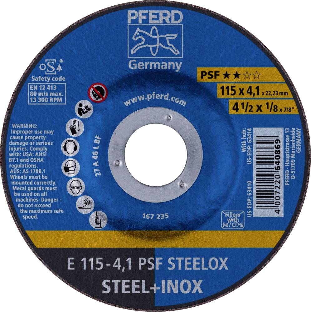 PFERD TOOLS 62011531 E 115-4,1 PSF STEELOX groba plošča za brušenje, kolenasta Premer 115 mm Vrtina-Ø 22.23 mm nerjaveče jeklo, jeklo 10 kos