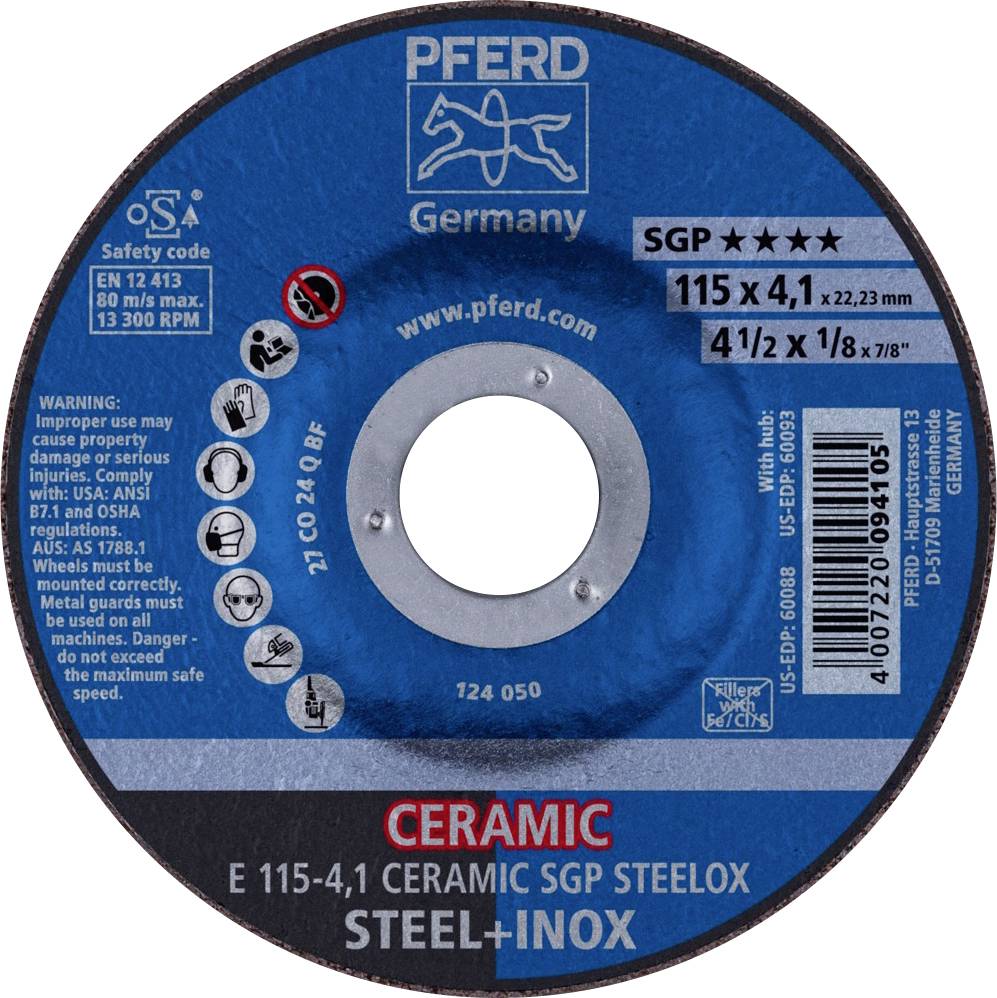 Brusilna plošča znamke 'Pferd Germany' s keramično oblogo za jeklo in inox, mere: 115 x 4,1 mm. Opozorila in varnostni podatki.