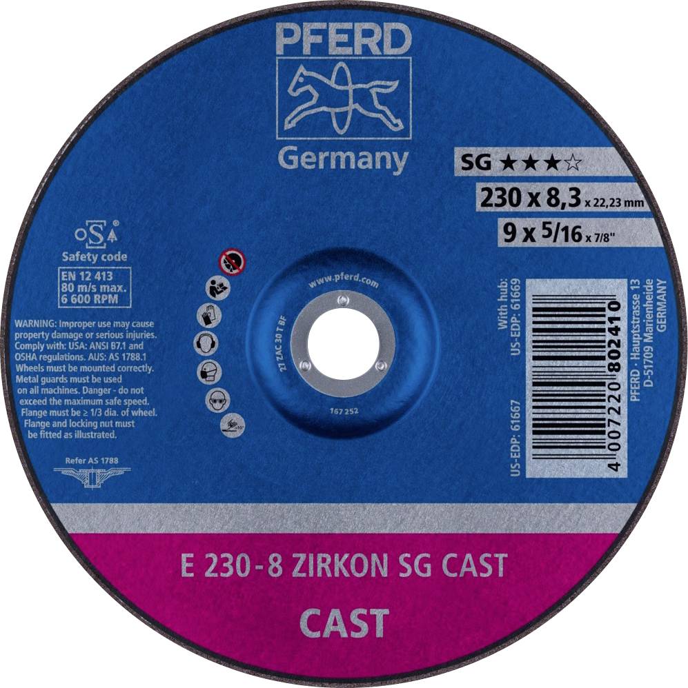 Brusilni disk Pferd, model E 230-8 Cirkon SG Cast, premer 230 mm, maks. 6600 vrtljajev/min, certificiran po OSA, primeren za litje.