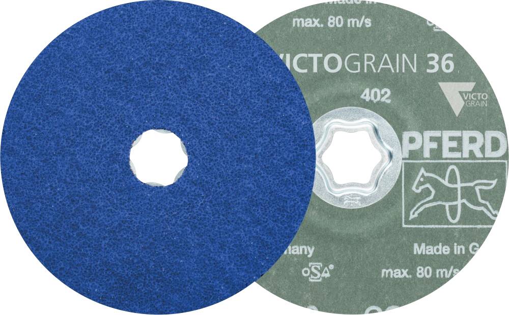 Dve brusilni plošči, ena modra, druga z napisom 'VICTOGRAIN 36' in 'Made in Germany'. Logotip blagovne znamke viden.