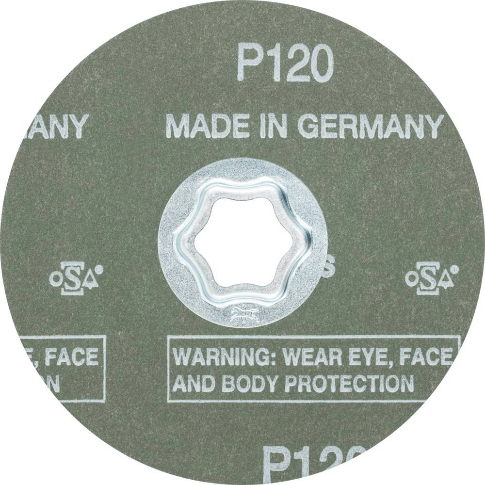 Brusilni disk z napisom 'P120', 'MADE IN GERMANY', 'OPOZORILO: NOSITE ZAŠČITO ZA OČI, OBRAZ IN TELO'.