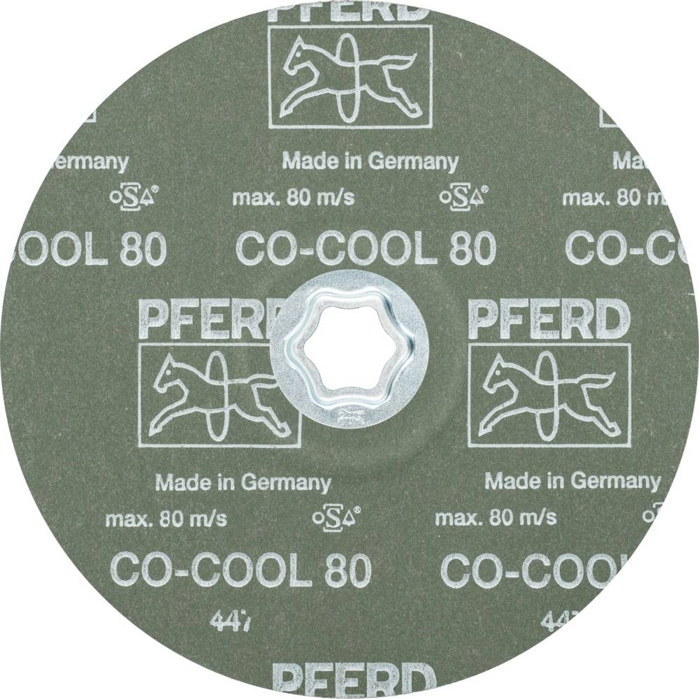 'PFERD CO-COOL 80' ločilna plošča z gredjo, zelena površina z besedilom in logotipi. Izdelano v Nemčiji, maks. 80 m/s.