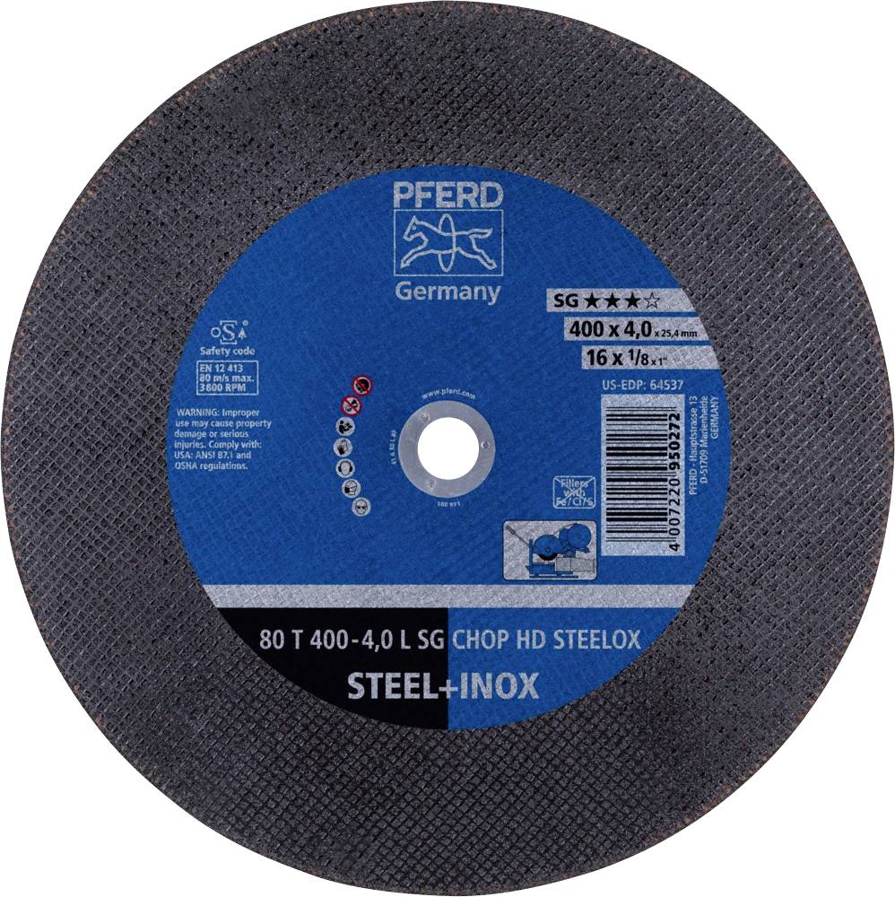 Okrogla brusilna plošča znamke 'Pferd', modra nalepka z oznakami: 400x4,0 mm, primerna za 'Steel-Inox'. Varnostna navodila so priložena.