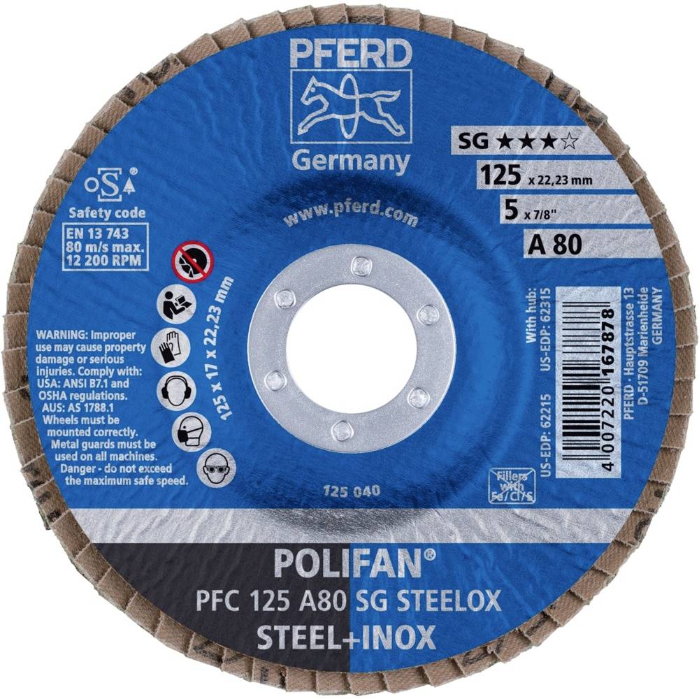 Brusilni disk PFERD s premerom 125 mm, idealen za jeklo in nerjavno jeklo. Napis 'POLIFAN PFC 125 A80 SG STEELOX'.