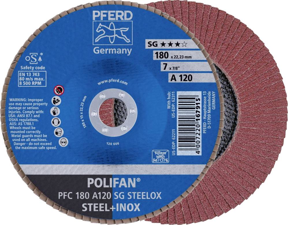 Brusilni disk znamke PFERD, model POLIFAN, za jeklo in nerjavno jeklo. Dimenzije: 180 x 22,23 mm, maks. 8.500 obratov/min. Vsebuje varnostna opozorila.