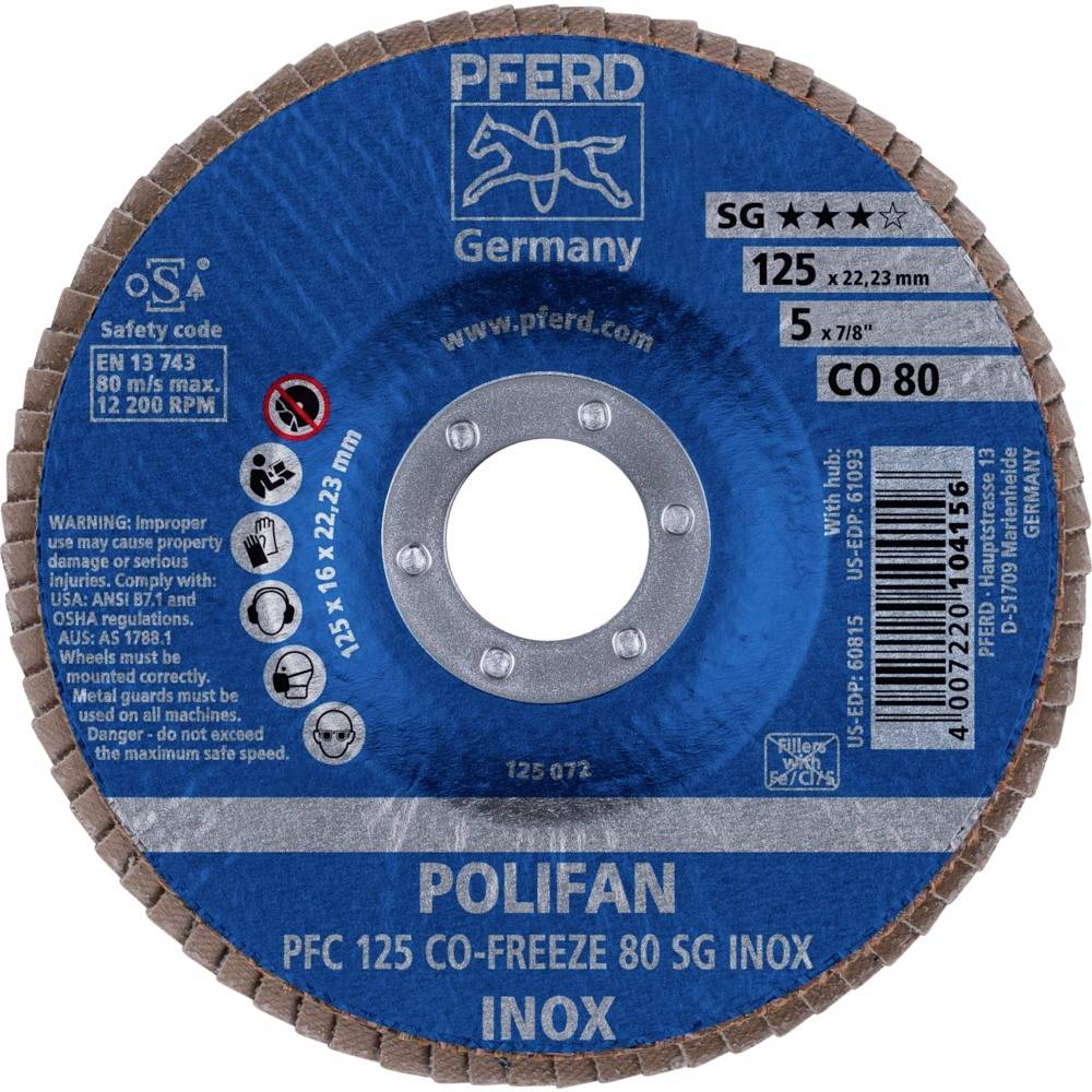 'Modro-siva brusilna plošča Pferd za nerjavna jekla, 125x22,23 mm. Podrobnosti: SG A-CO, maksimalno 12200 obratov/min, vsebuje opozorilne napotke.'