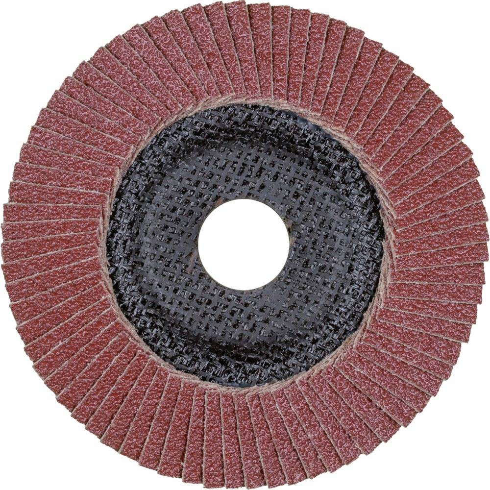 Brusilni lamelni disk iz rdečega brusnega papirja z črnim plastičnim jedrom na sredini.