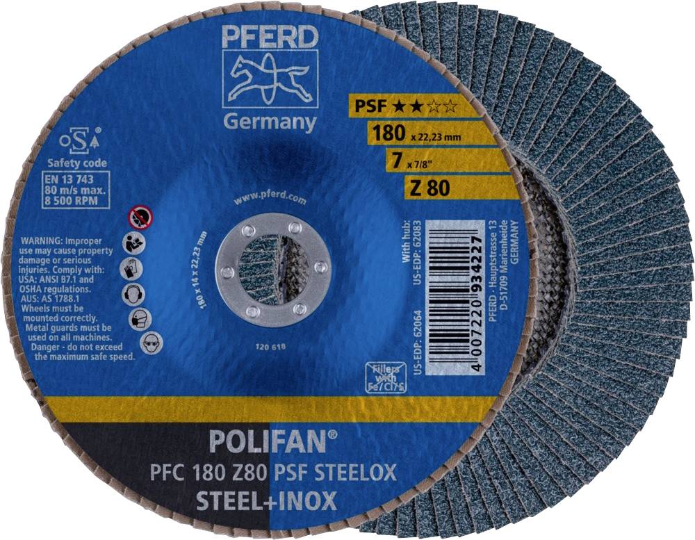 Brusilni disk 'PFERD Germany' za jeklo in inox, premer 180 mm, primeren do 13.300 obratov/min, varnostni in uporabni podatki.