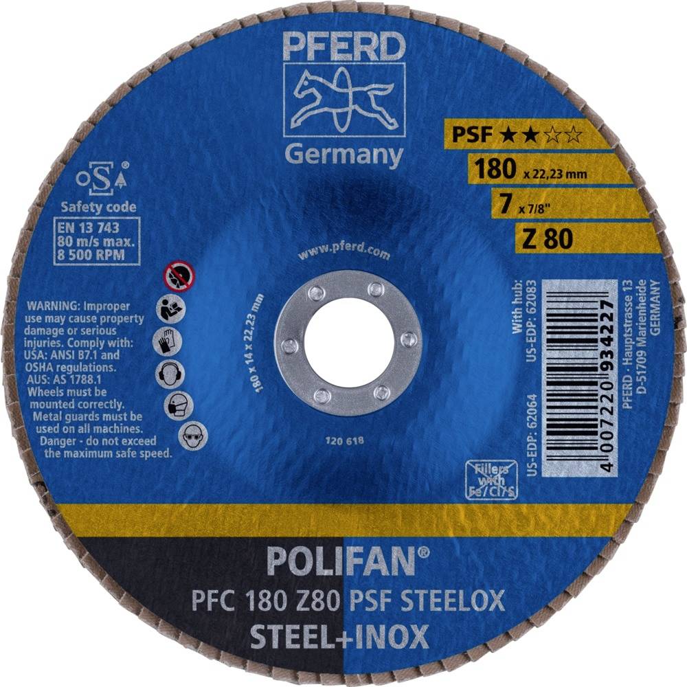 Brusilni disk z modro oznako, napis 'PFERD Germany', premer 180 mm, primeren za jeklo in inox.