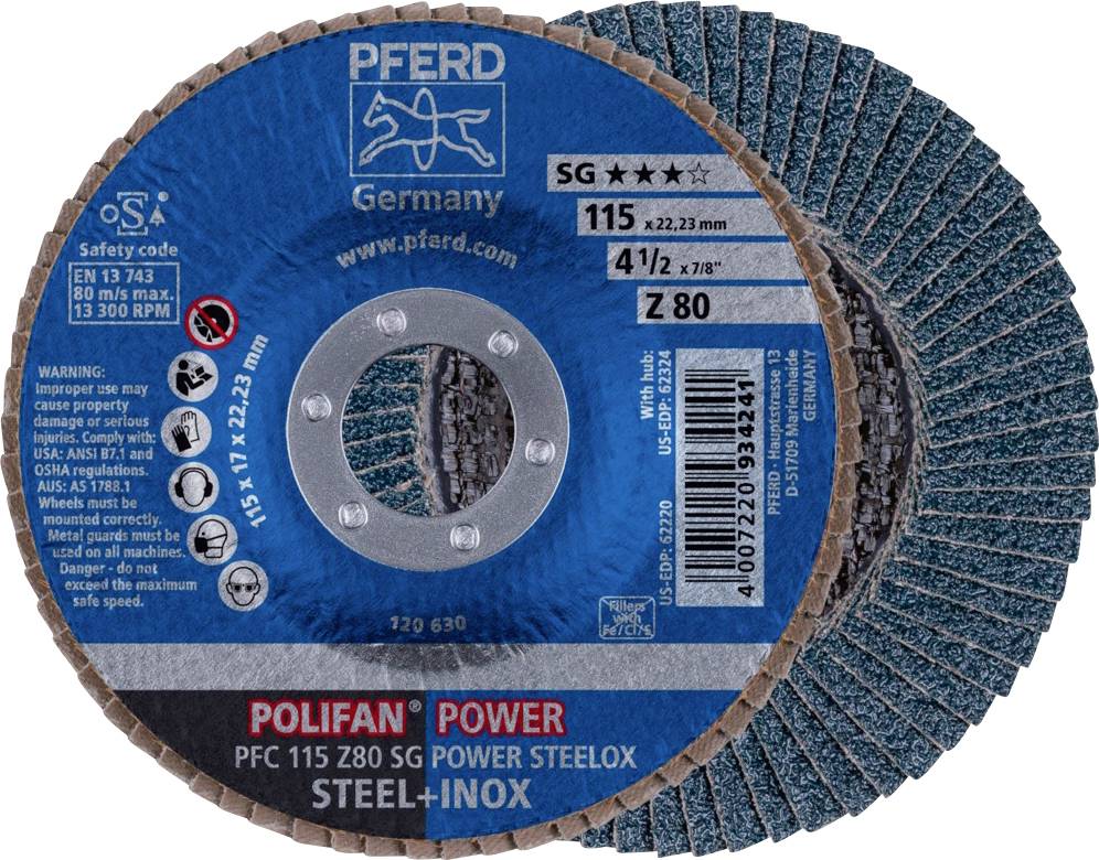 Dve modri brusilni plošči 'PFERD' za jeklo in nerjavno jeklo. Specifikacije: premer 115 x 22,23 mm, zrnatost Z 80, maks. 13.300 obratov/min.