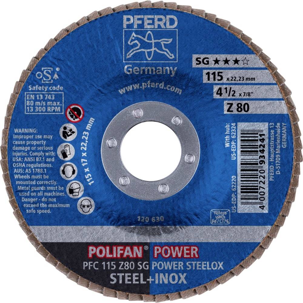 'Brusilni disk z besedilom: PFERD Nemčija, 115 mm, 13.300 obr./min, Polifan Power, Jeklo + Inox. Varnostna in materialna navodila.'