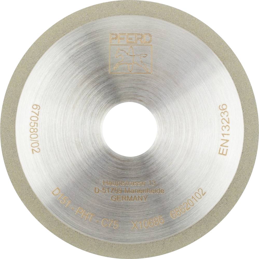 Brusilni disk znamke PFERD, z napisom 'D/151-IPHT-C75', prikazuje tehnične podatke in informacije o izdelavi.