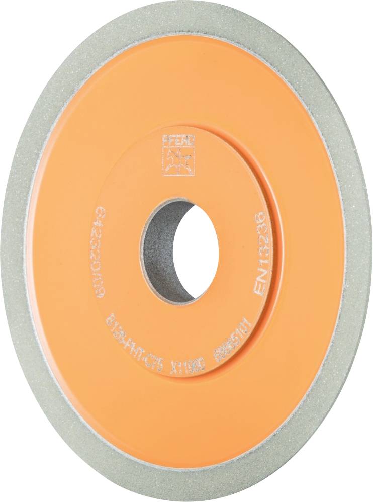 Brusilni disk z oranžnim osrednjim delom in sivim robom. Vidna oznaka 'EN13236' in 'E 2322099'. Orodje za brušenje.