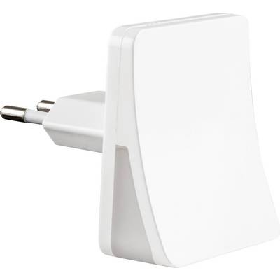 Bel električni adapter z evropskim vtičem, rahlo nagnjen v desno, prikazan na beli podlagi.