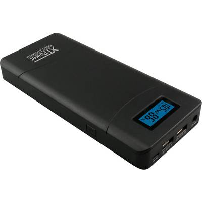 Prenosljiv polnilec z digitalno zaslonom, ki prikazuje '18.5V 98%', dva USB priključka in stikalo za vklop/izklop, črn dizajn.