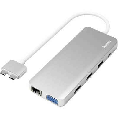 Srebrni USB-C hub znamke Hama z več priključki: Ethernet, VGA, HDMI in USB, namenjen priključitvi več naprav na prenosni računalnik.
