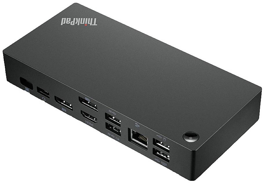 Črna Lenovo ThinkPad priklopna postaja z več priključki: HDMI, DisplayPort, USB, Ethernet. Primerna za razširjeno povezljivost prenosnika.