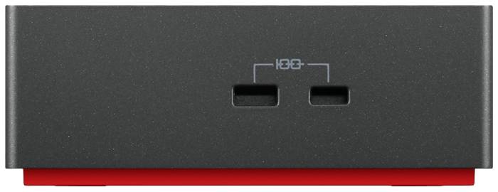 Črna naprava z dvema USB priključkoma in rdečo osnovo.