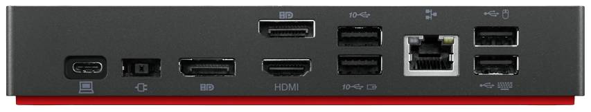 Zadnja stran elektronske naprave z različnimi priključki, med drugim USB, HDMI in Ethernet; rdeča podlaga.