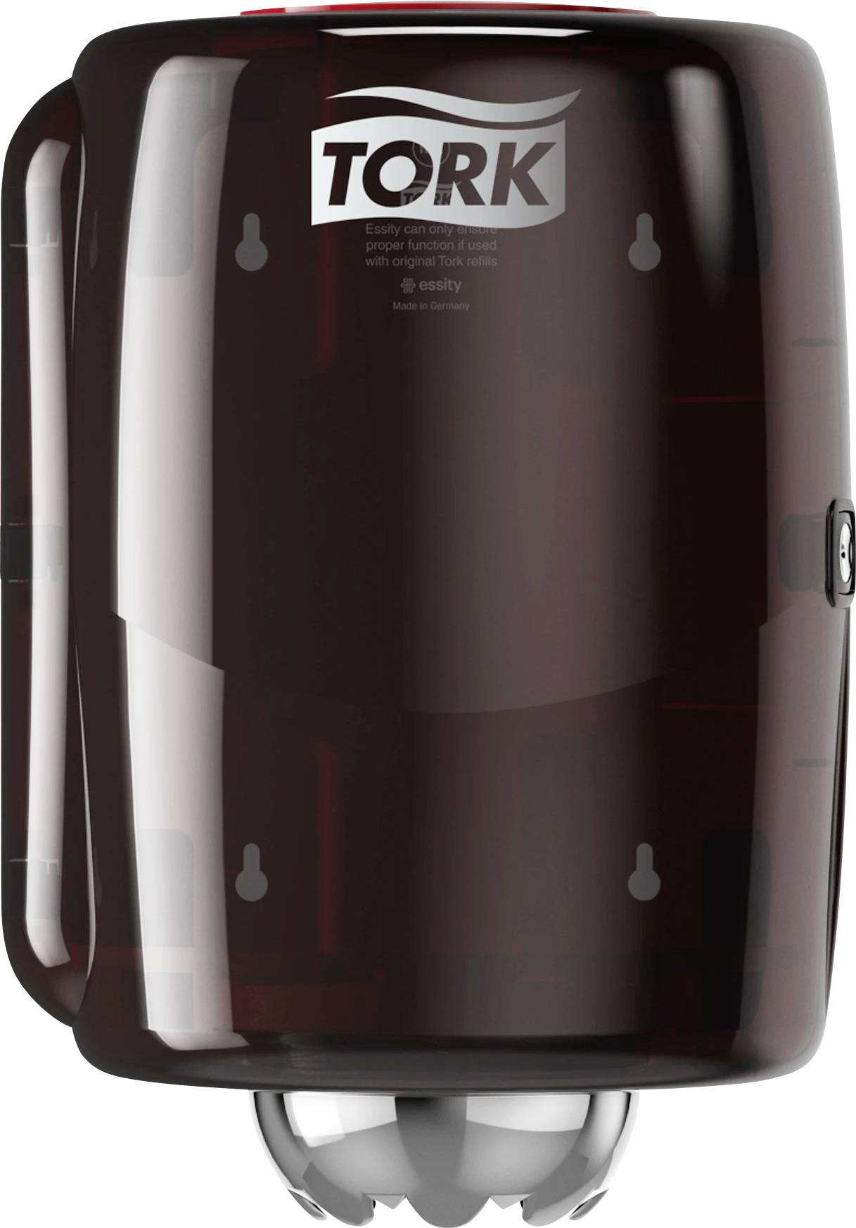 Temno siv dozirnik mila znamke 'Tork', namenjen namestitvi na steno.
