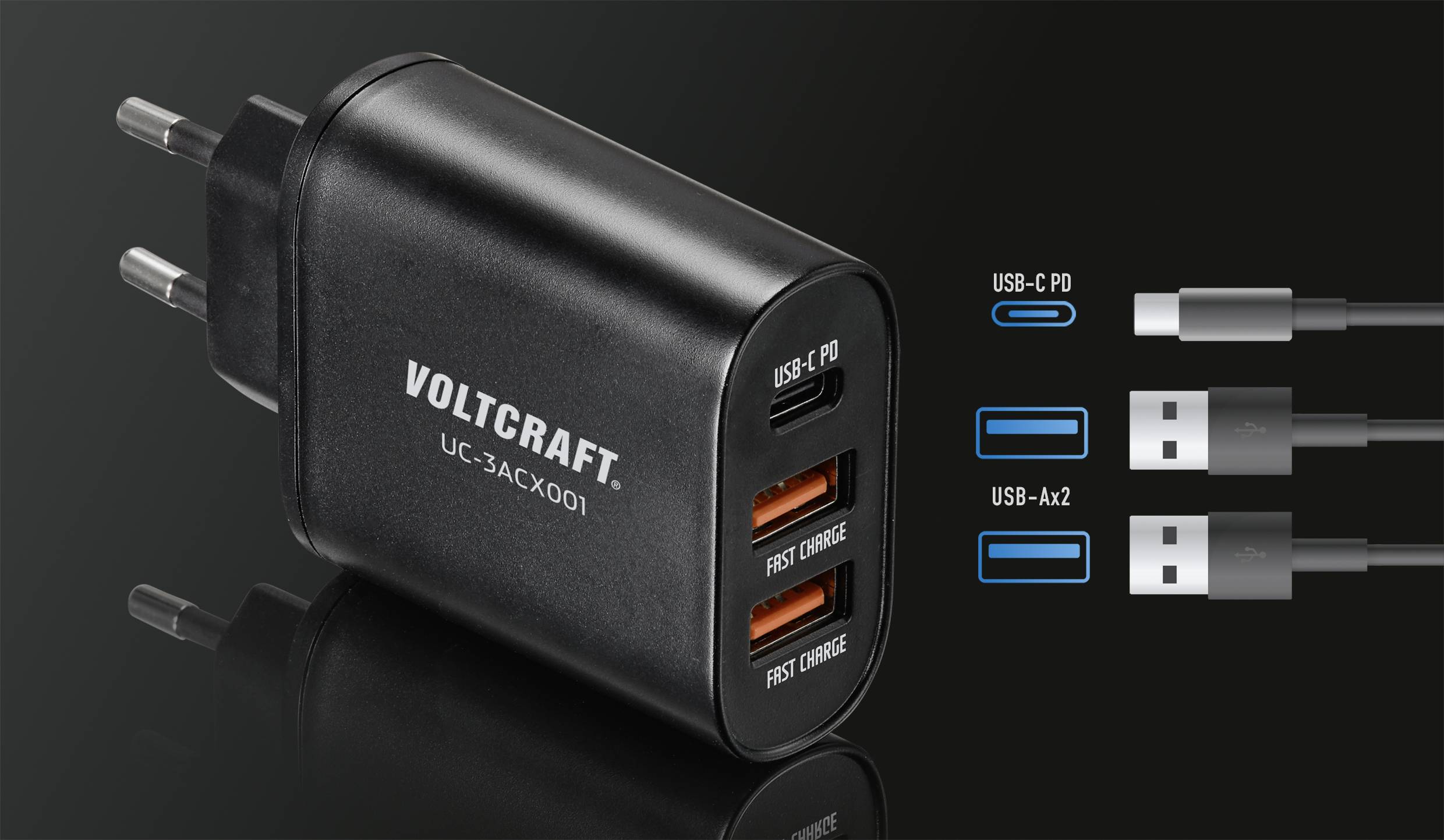 Črn polnilec z USB-C in dvema USB-A priključkoma. Označen z 'FAST CHARGE' in 'VOLCTRAFT'. Prikazuje možnosti priključitve.