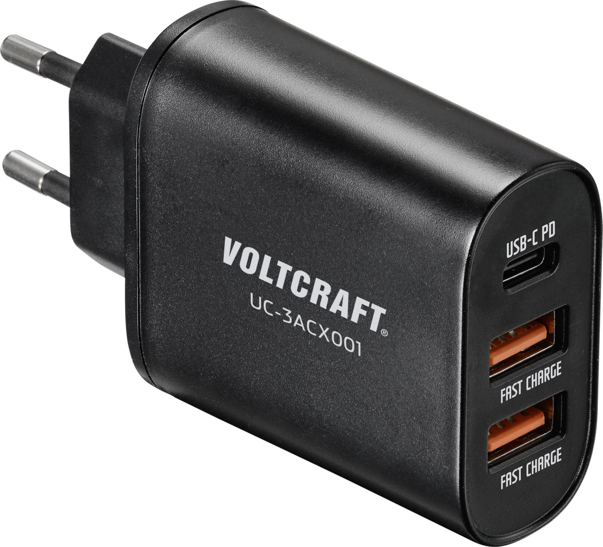 Črn USB polnilec s tremi priključki, USB-C PD in dvema USB-A Fast Charge priključkoma, znamke Voltcraft.