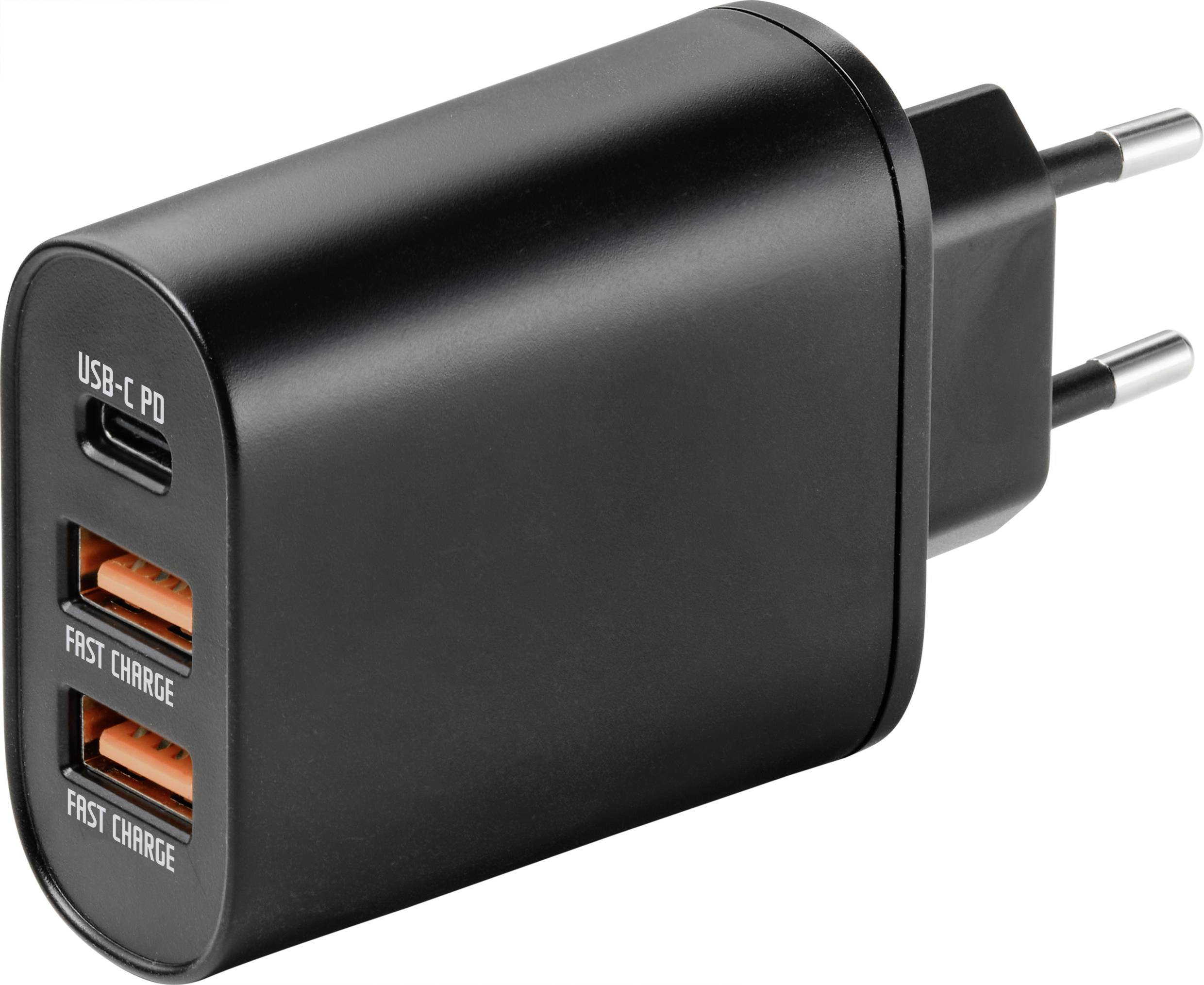 Črn USB polnilec z enim USB-C in dvema USB-A priključkoma, označen z 'Hitro polnjenje'. Evro vtič za električne vtičnice.