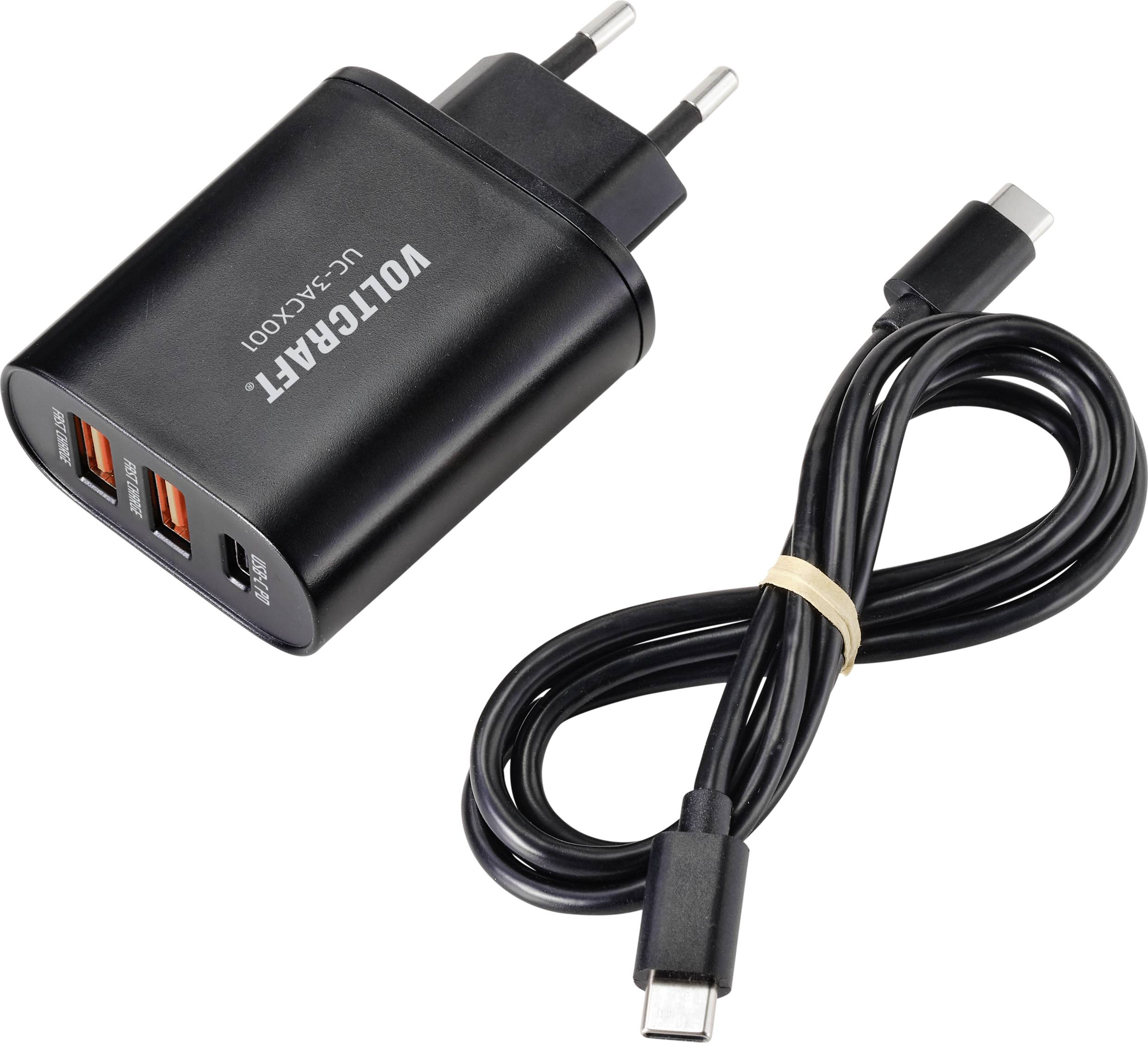 Črn USB polnilec z dvema USB priključkoma in kablom tipa C. Idealen za hitro polnjenje različnih naprav.