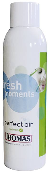 Bela razpršilna steklenica z napisom 'fresh moments perfect air'. Dizajn v modri in zeleni barvi. Znamka: Thomas.