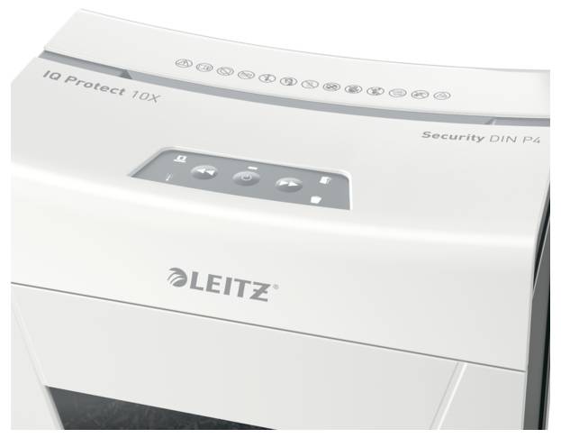Uničevalnik dokumentov znamke Leitz z modelnim imenom 'IQ Protect 10X', opremljen za varnostno stopnjo DIN P4.