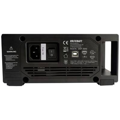 Zadnja stran naprave z priključkom za napajalnik, varovalko, mrežnim stikalom, vmesnikoma USB in LAN. Model: Voltcraft DSP-3010.