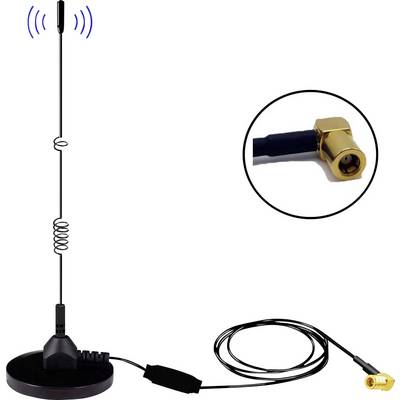 Zunanja antena z magnetnim podstavkom in dolgim kablom. Primerna je za ojačitev signala in je prikazana s posebnim vtičem.