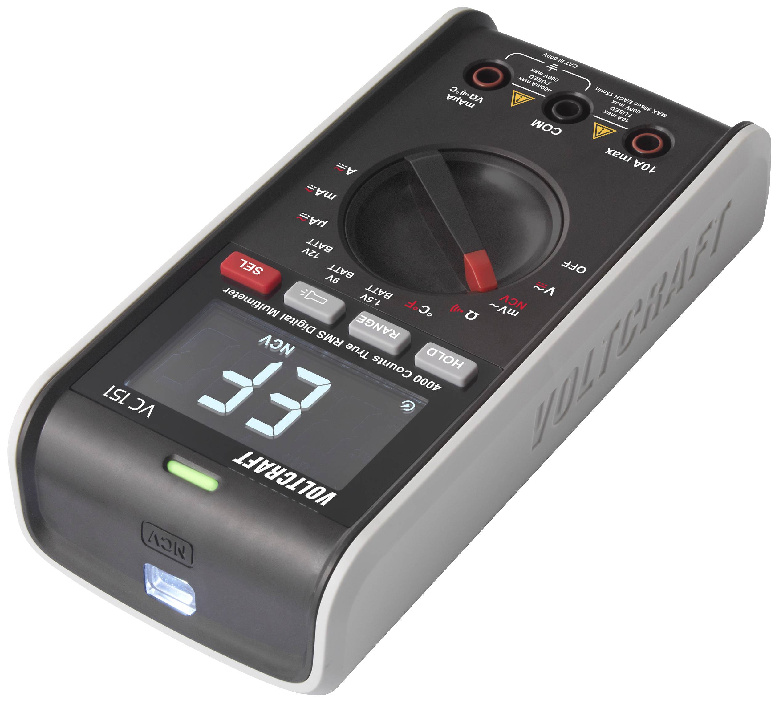 Digitalni multimeter z velikim prikazovalnikom kaže '33'. Opremljen je z obračalnim stikalom in funkcijami merjenja napetosti, toka in upora.