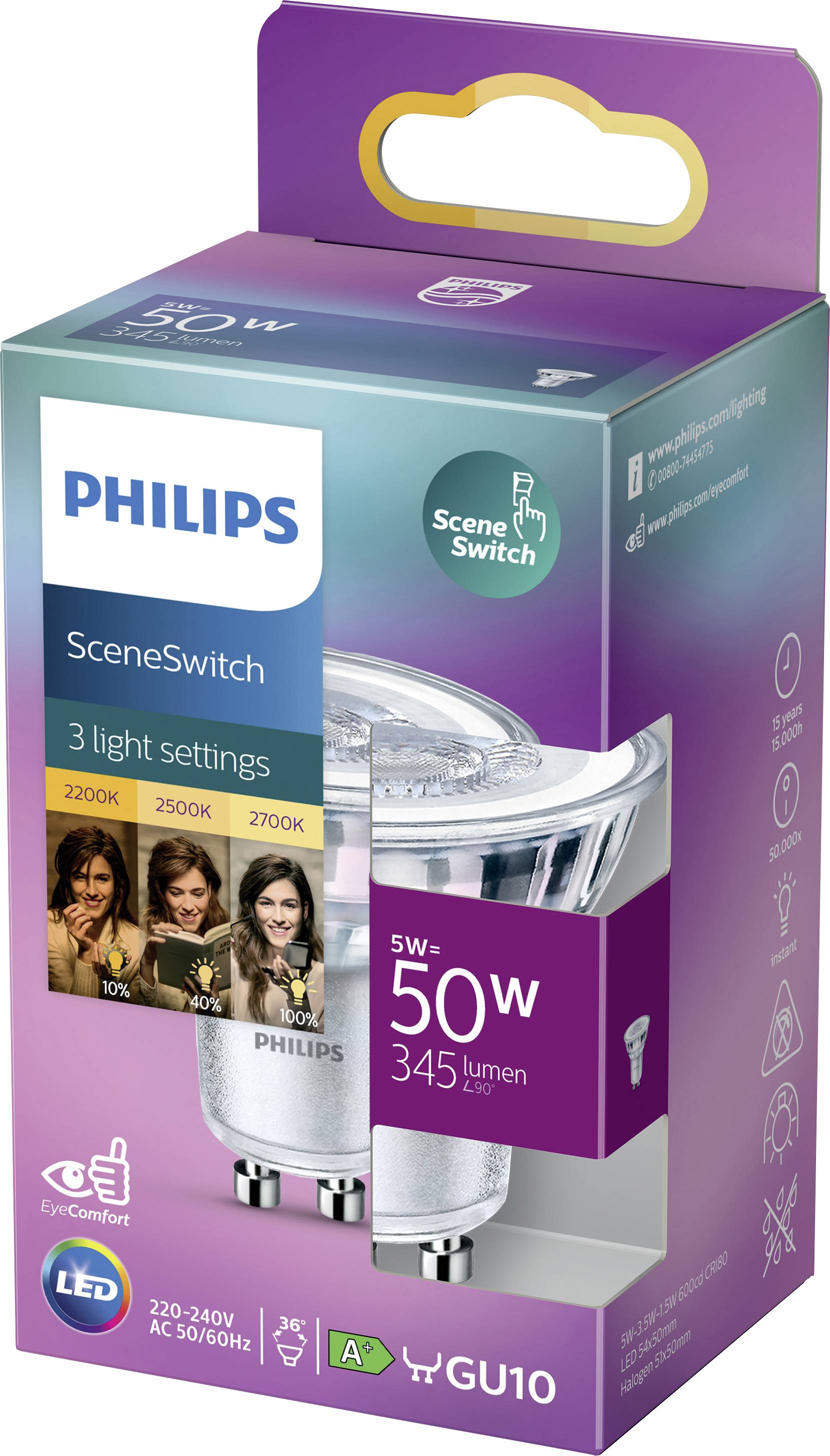 Philips LED-žarnica (5W, enakovredno 50W), GU10, SceneSwitch s 3 svetlobnimi načini: 2200K, 2500K, 2700K. Energijski razred A+, 345 lumnov.