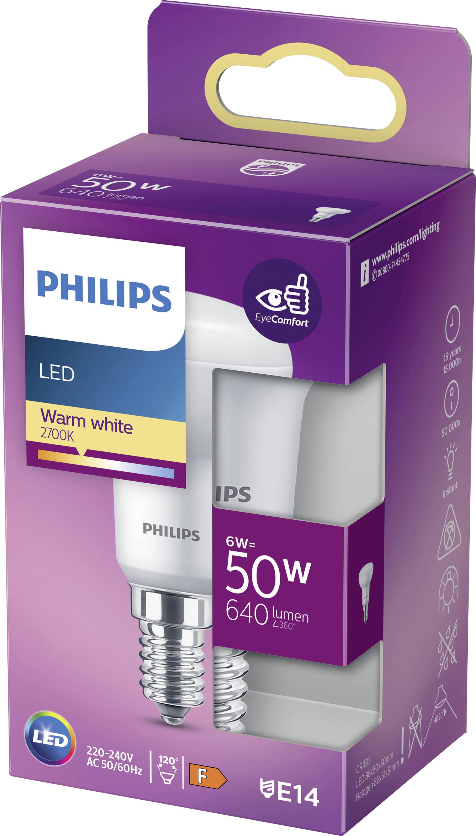 'Philips LED 6W (nadomešča 50W) žarnica, podnožje E14, toplo bela 2700K, 640 lumnov, energetsko učinkovita, tehnologija EyeComfort, A++.'