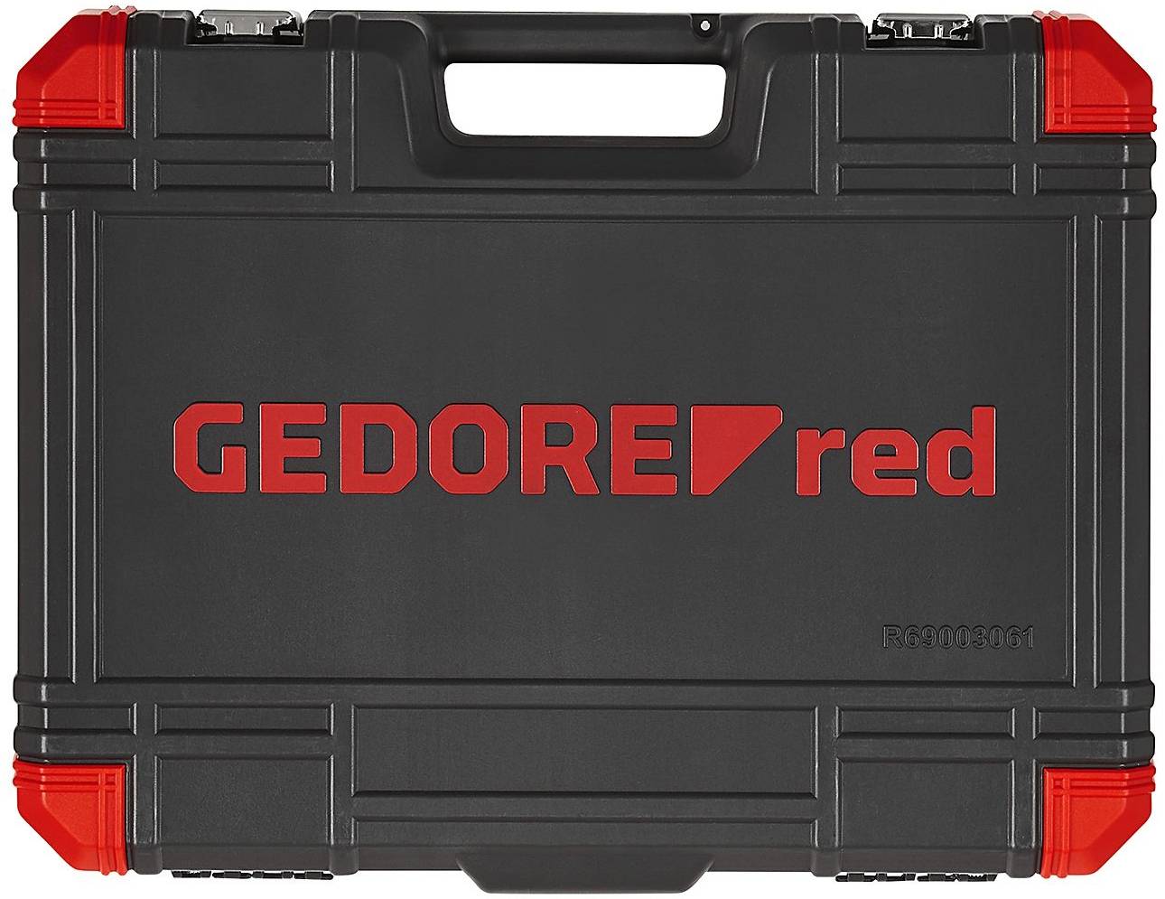 Črn kovček za orodje z rdečim napisom 'GEDORE red' na sredini. Rdeči poudarki v vogalih.